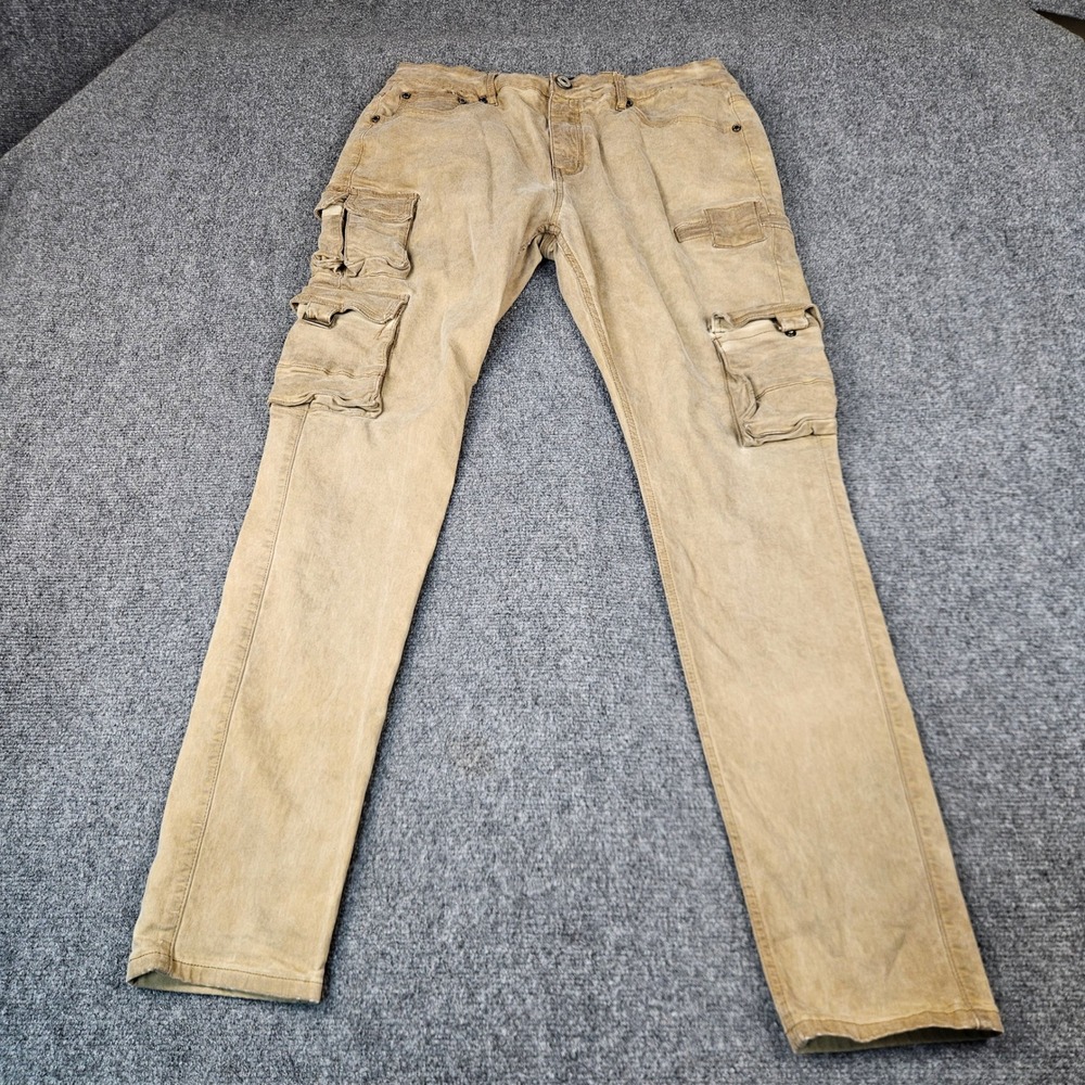 Serenede Mens Fitted Denim Cargo Pants Sand Tan Tactical Multi Pocket Slim